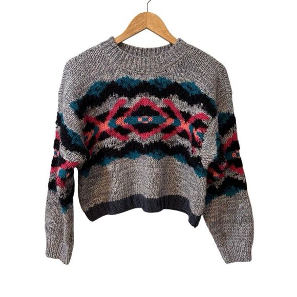Free People Oversize Aztec Fair Isle Fuzzy Cropped Sweater Womens S Multicolor - Picture 1 of 11